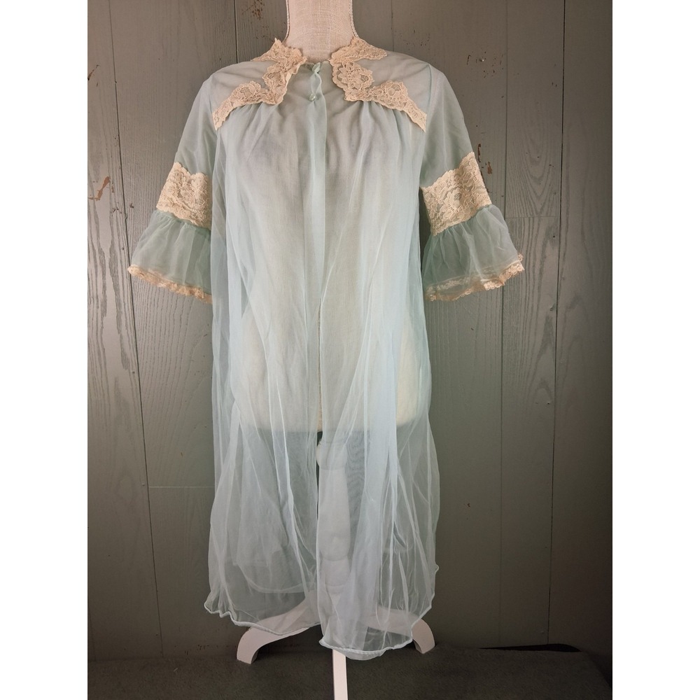 Vintage Sheer Chiffon Robe Blue Bed Jacket Lingerie OS‎ Lace Cottagecore Fairy